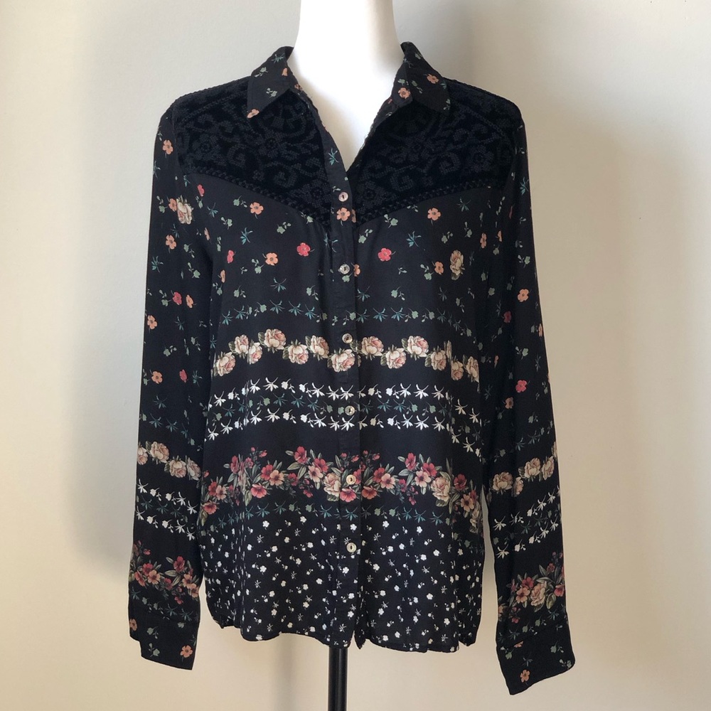 Johnny Was Velvet Mix Floral Boho Button-Down Blouse - size Medium
